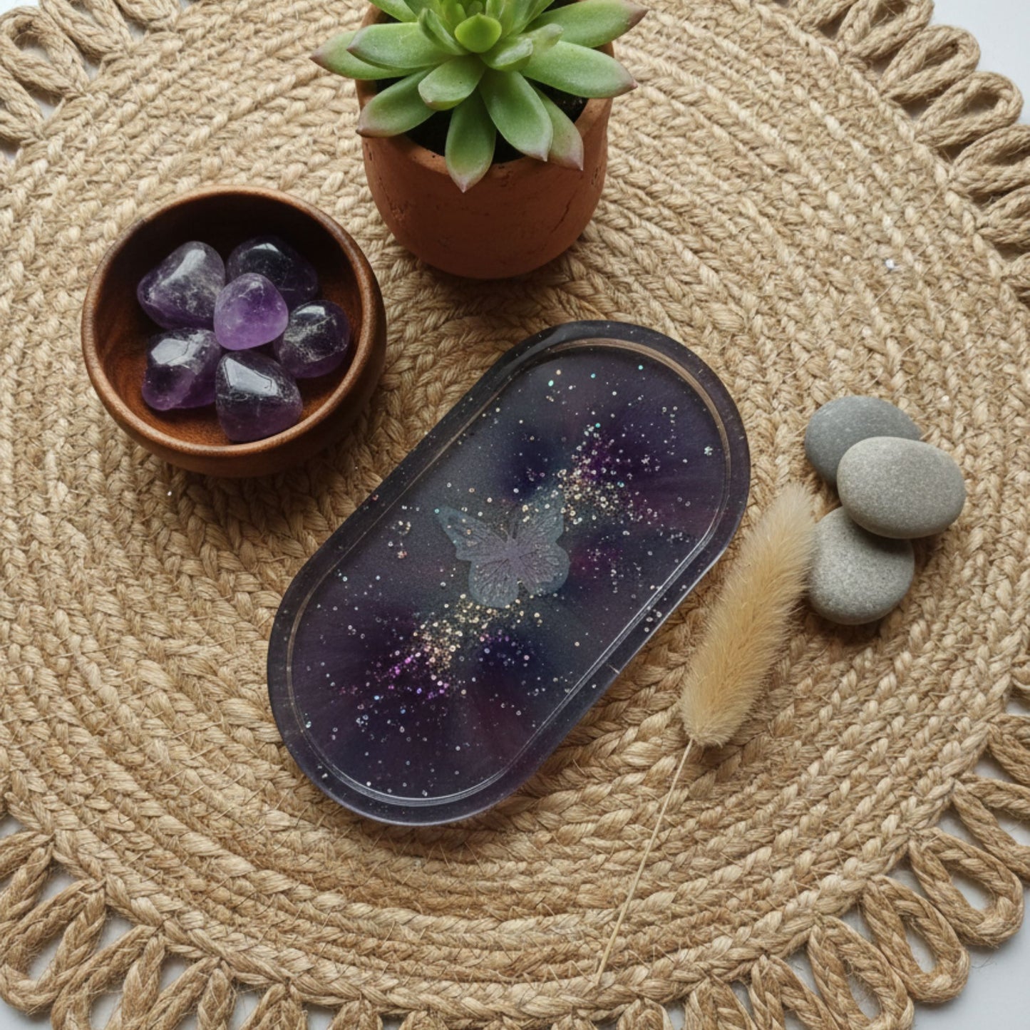 Vide-Poche Ovale en Résine Époxy – Décoration Papillon Gris Galaxie