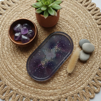 Vide-Poche Ovale en Résine Époxy – Décoration Papillon Gris Galaxie