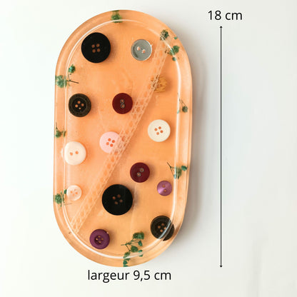 Vide-poche résine couture boutons vintage orange fleurs - Plateau ovale 18cm créatif - Accessoire artisanal unique fait main